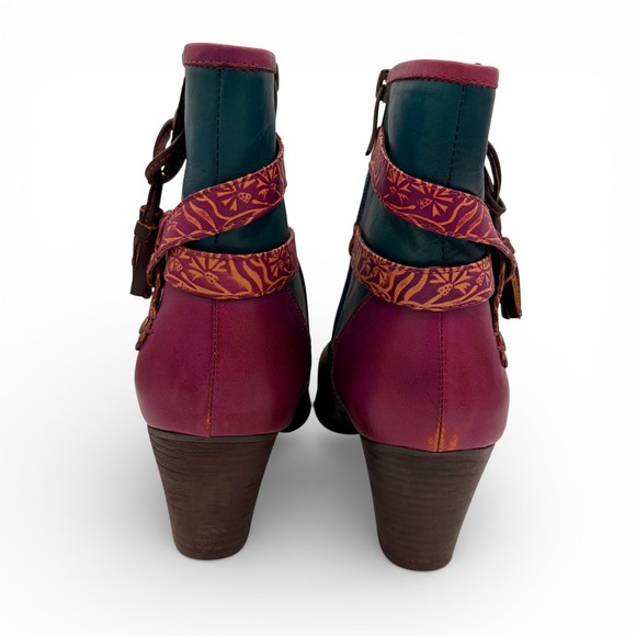 L'ARTISTE Spring Step Sz 41 Ankle Boots Brown Teal Pink Leather Tassel Western - Picture 3 of 9